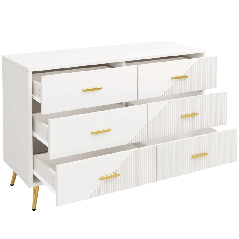 Buffet de salle à manger avec 6 tiroirs spacieux, portes d'armoire au design tridimensionnel et pieds dorés, 120x40x75 cm, Blanc