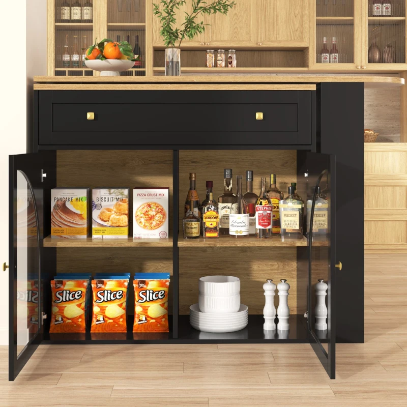 Bancone bar allungabile e girevole a 360° con scaffale laterale a 3 ripiani e ante in vetro, 138-204x39x104 cm, Nero