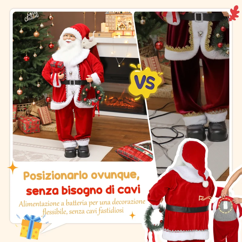 HOMCOM Babbo Natale Animato Alto 120 cm Cantante e Ballerino a Batteria, Attivazione con Suono, Costume Rosso