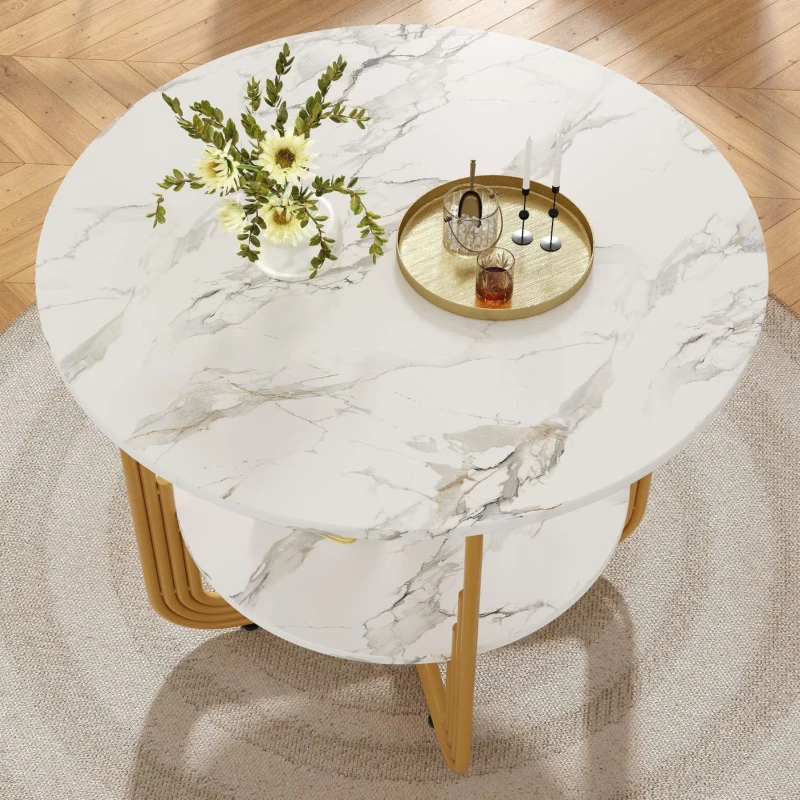 Tavolo in legno rotondo rotondo per 4 persone con spazio portaoggetti inferiore, 80x80x76 cm, Bianco e Oro