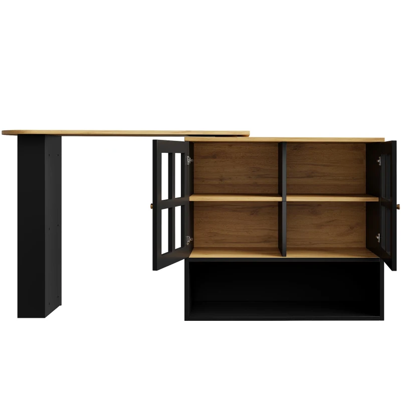 Bancone da bar girevole a 360° con ripiano per snack e 5 scaffali, 138-204x39x102,5 cm, Nero