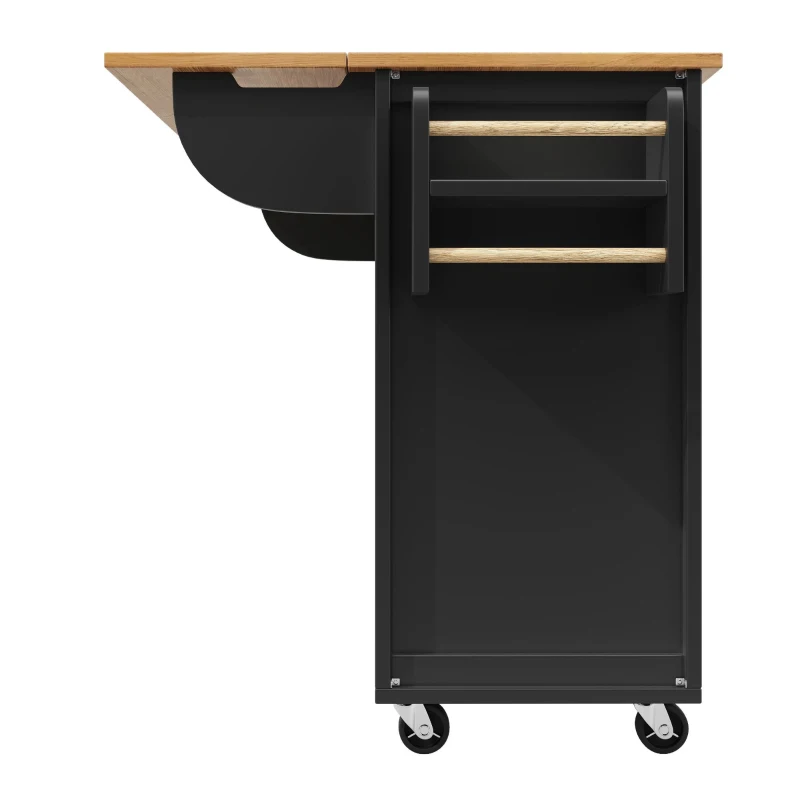 Îlot de cuisine avec table pliante, grand espace de rangement, casier à vin, porte-serviette et porte-épices, 137,9x45/73x92,2 cm, Noir