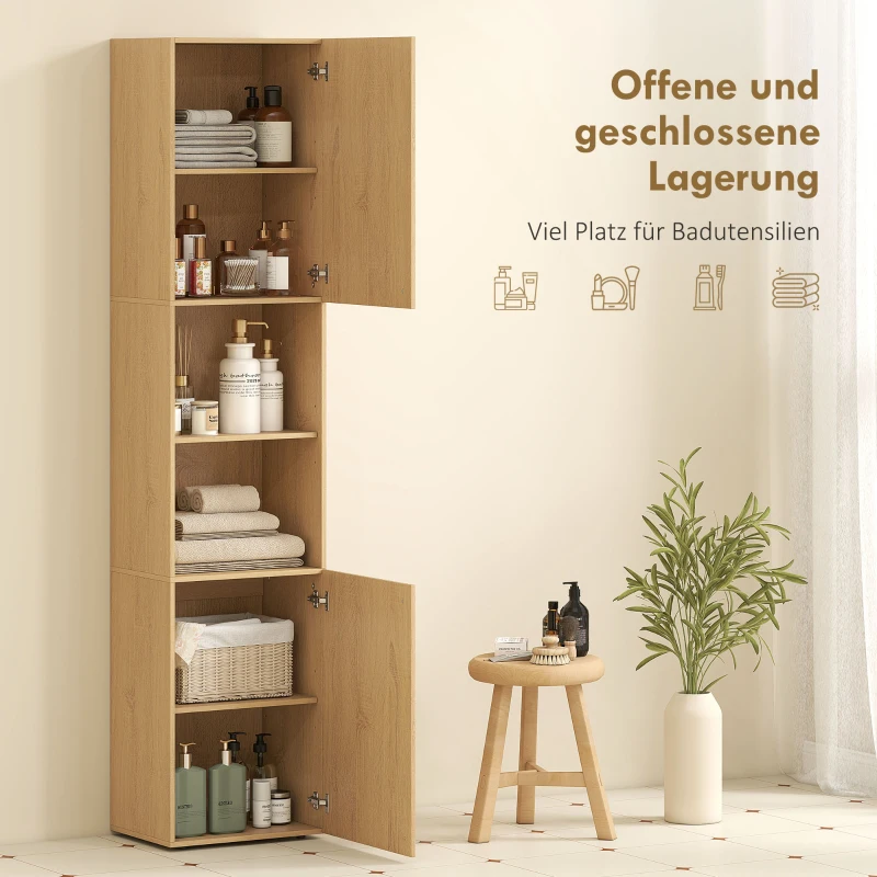 HOMCOM Hoge badkamerkast, 6 niveaus, 2 kasten, 2 open schappen, open vakken, hout, eikenkleur