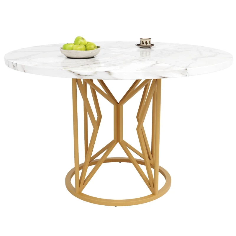 Tavolo da pranzo rotondo in MDF, gambe in metallo, 100x100x76 cm, Bianco e Oro