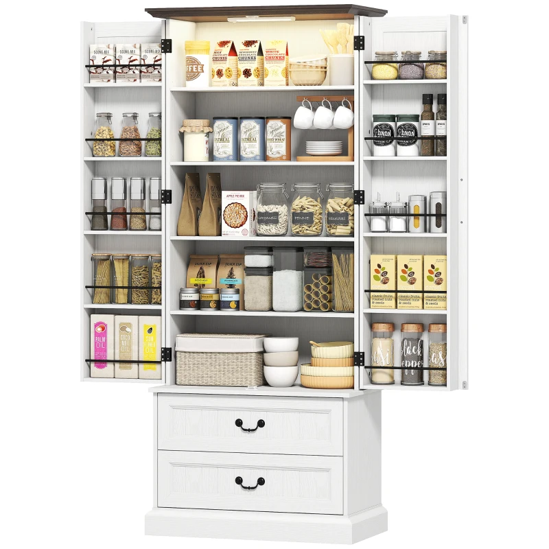 HOMCOM Buffet haut cuisine, armoire de cuisine, LED à capteur, 2 portes, tiroirs et étagères réglables, 76x39,5x183cm, blanc