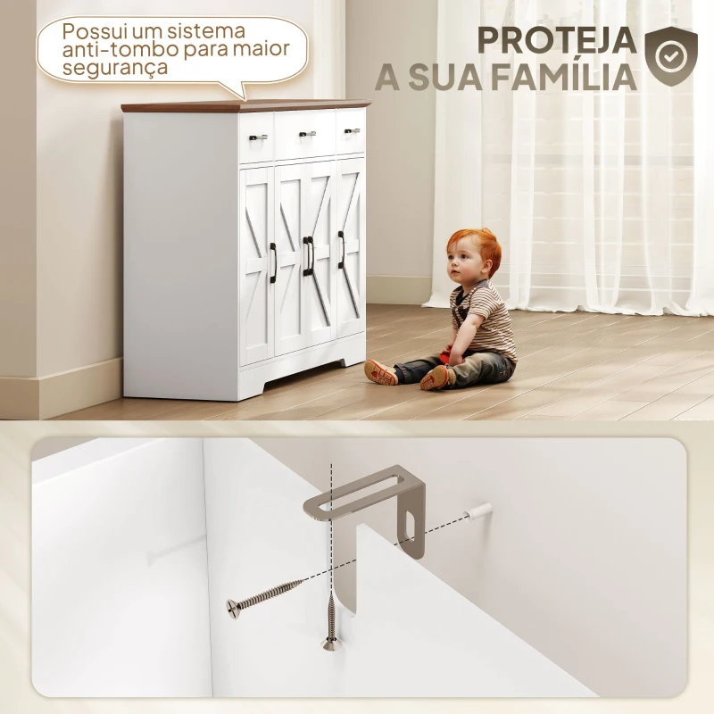 HOMCOM Aparador de Cozinha Rústico 4 Prateleiras de Porta Prateleiras Ajustáveis 3 Gavetas 120x38x87 cm Branco e Nogueira
