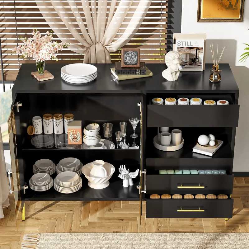 Buffet moderne avec porte en verre couleur sarcelle, cloisons réglables et pieds en fer dorés, 120x39,5x84 cm, Noir