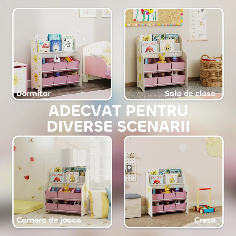 AIYAPLAY Raft pentru Jucării cu 6 Sertare și Bibliotecă cu 2 Nivele Roz