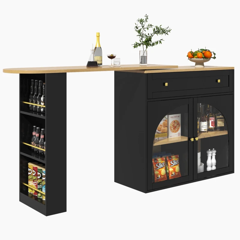 Bancone bar allungabile e girevole a 360° con scaffale laterale a 3 ripiani e ante in vetro, 138-204x39x104 cm, Nero