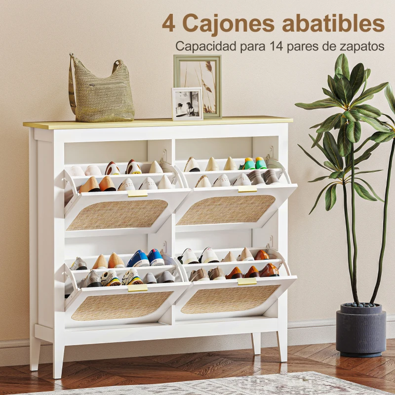 HOMCOM Zapatero Estrecho con 4 Puertas de Ratán Estantes Ajustables para 20 Pares de Zapatos 105x24x95,5 cm Blanco