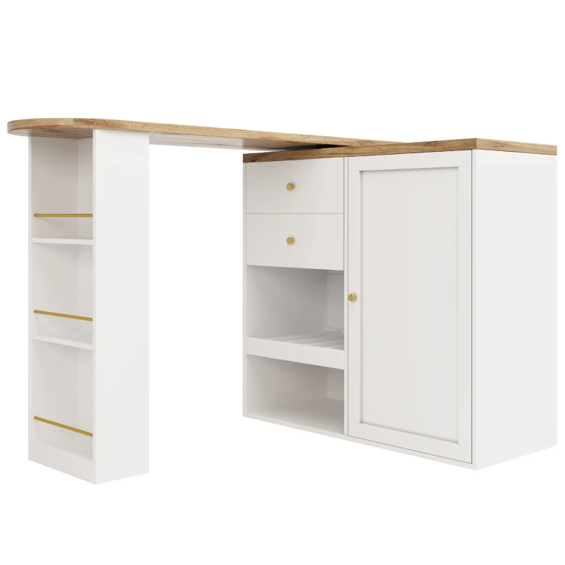 Bancone bar girevole a 360° con 2 cassetti e armadietto con anta scorrevole, 3 ripiani aperti, Bianco