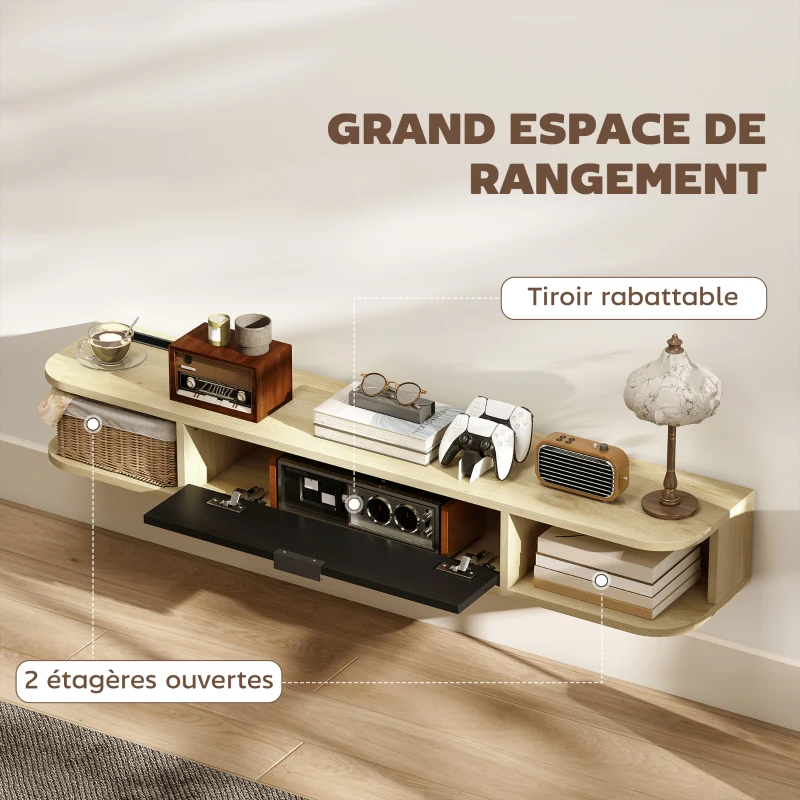 HOMCOM Meuble TV suspendu 120 cm, meuble télé pour téléviseur jusqu'à 50 pouces, tiroir rabattable 2 étagères 120x24x16cm noir