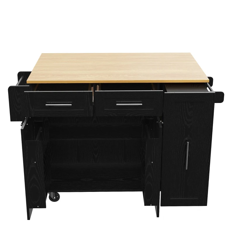 Îlot de cuisine avec plateau de table rabattable, desserte avec étagères à snacks et placards extensibles, 134,5x46/74x90,5 cm, Noir