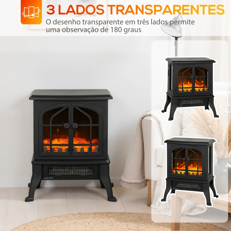 HOMCOM Lareira Elétrica 900/1800W com Efeito Chama 3D 2 Níveis de Potência Termóstato Ajustável  para 15-30 ㎡ 39x24x48 cm Preto
