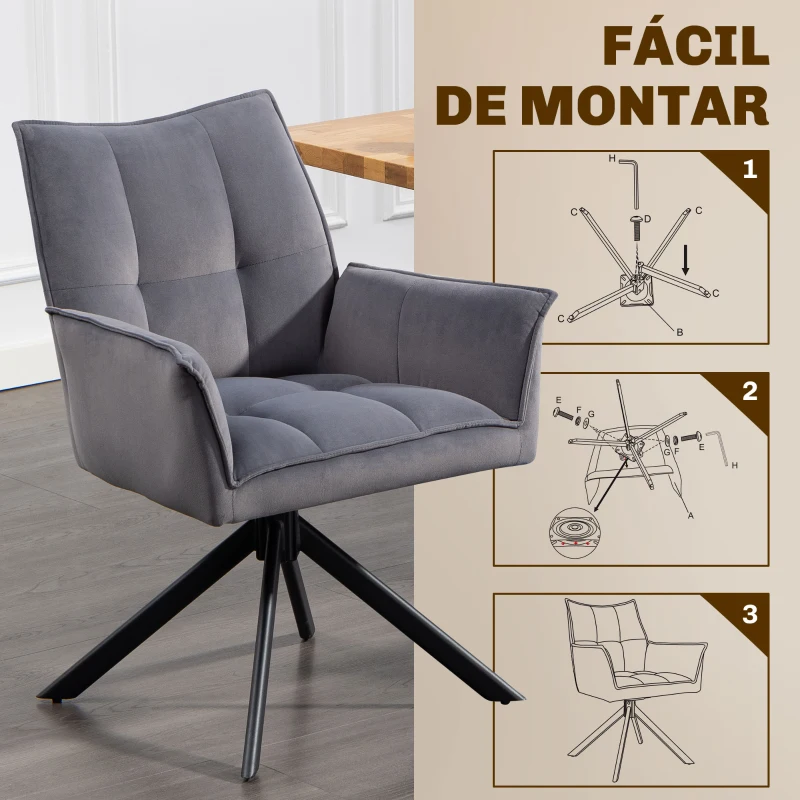 HOMCOM Conjunto de 2 Cadeiras de Refeição Giratórias 360° Estofado Estofamento em Veludo Pés em Aço 63x64x85 cm Cinza