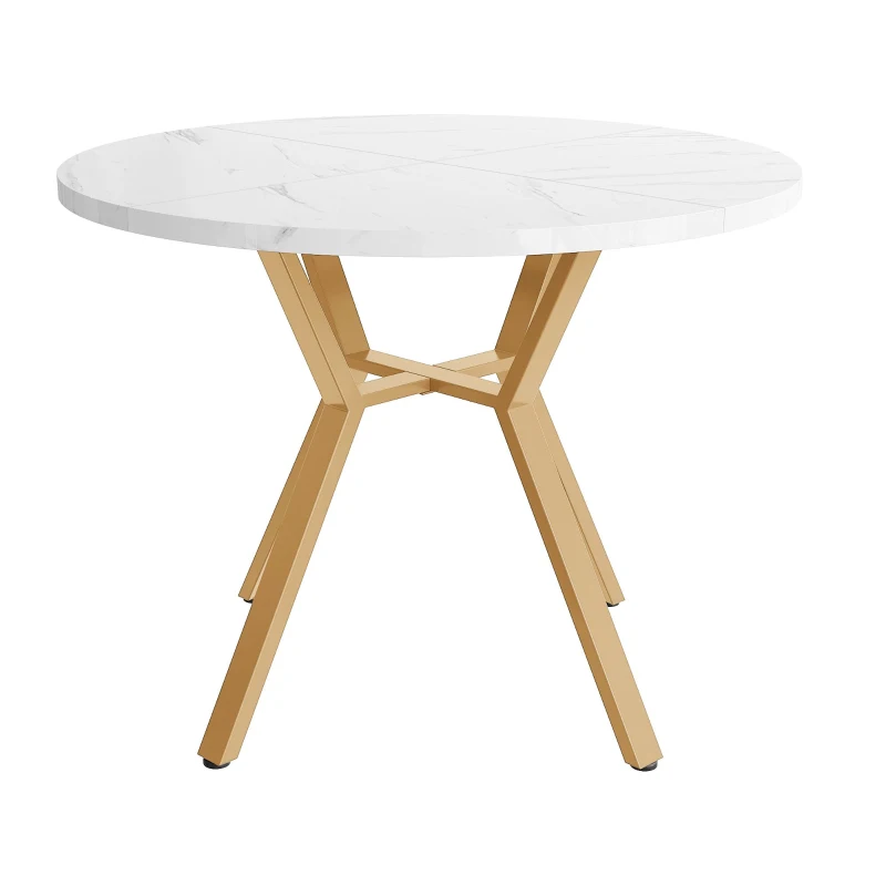 Tavolo da pranzo rotondo moderno per 4 persone, con supporto metallico a X, 100x100x75 cm, Bianco e Oro