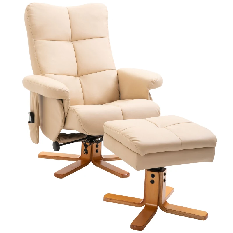 HOMCOM Fauteuil relax massant avec pouf, fauteuil de relaxation pivotant à 360°, dossier inclinable, 80 x 86 x 99 cm, crème