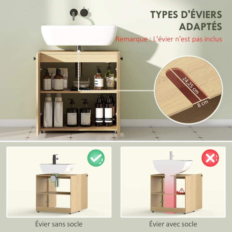 HOMCOM Meuble sous lavabo, meuble de salle de bain 2 portes à fermeture amortie, étagère réglable, 60x39,8x58,5cm, bois naturel