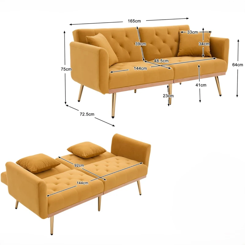 Divano Letto 3 Posti in Velluto con Regolabile Posizioni, Robuste Struttura in Metallo, ideale per Soggiorno e Camera da Letto, Giallo senape