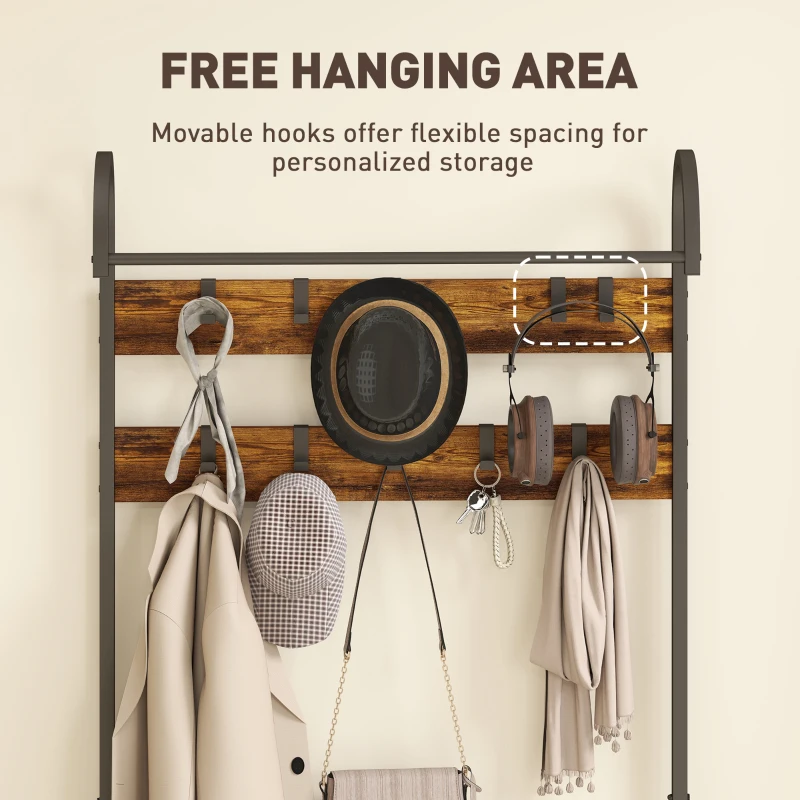 HOMCOM Suport de Haine de Intrare cu Bară, Cârlige, Bancă și Raft pentru Încălțăminte Maro și Negru