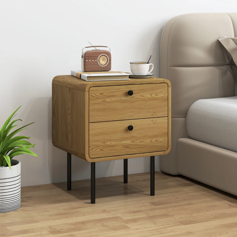 HOMCOM Bedside Table with 2 Drawers and Steel Legs - Oak