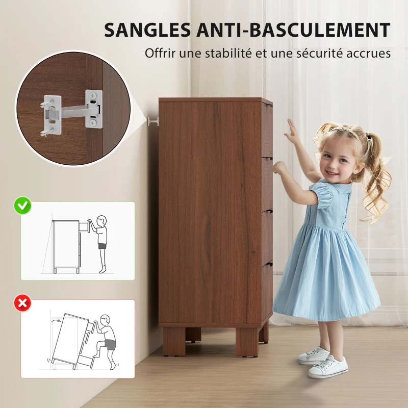 HOMCOM Commode 4 tiroirs meuble de rangement style moderne avec poignées en métal, 60 x 36 x 90 cm, effet bois marron