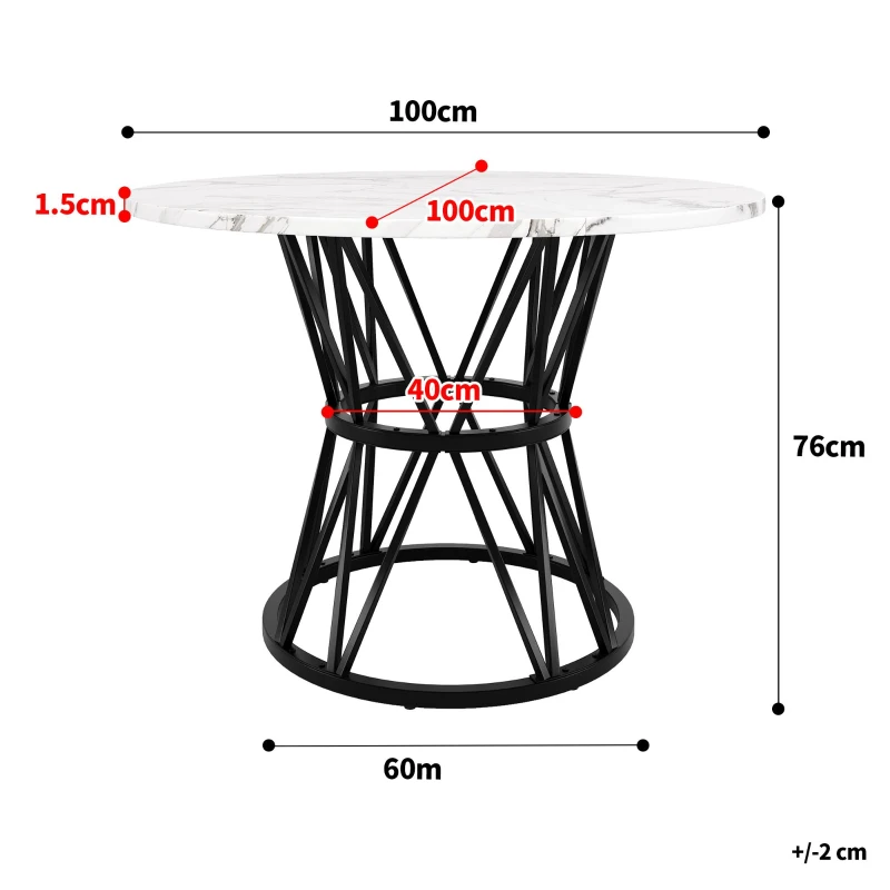 Tavolo da pranzo rotondo per 4 persone, gambe in metallo e piano in MDF, 100x100x76 cm, Bianco e Nero
