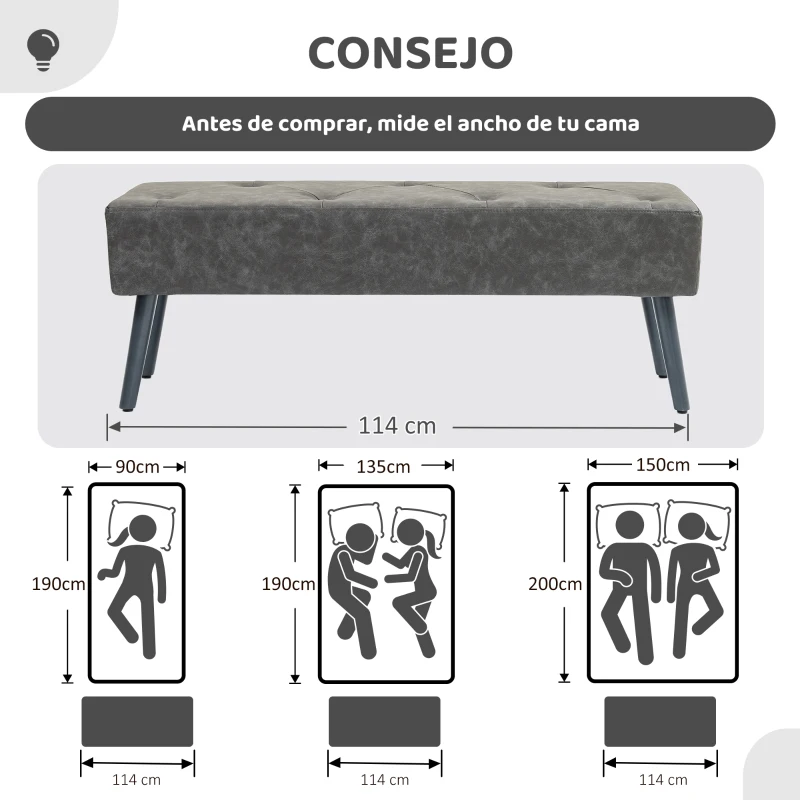 HOMCOM Banco de Pie de Cama Banqueta de dormitorio con Patas de Madera y Asiento Acolchado 114x38x42 cm Gris