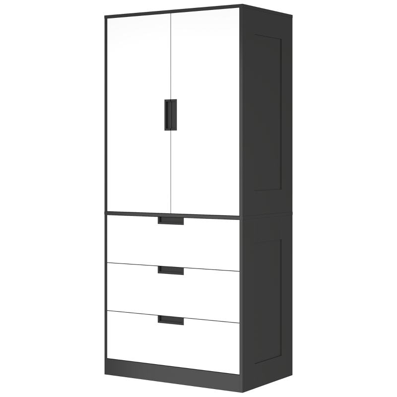 HOMCOM 2 Door Wardrobe, Modern Wardrobe with 3 Drawers and Hanging Rod for Bedroom, Black