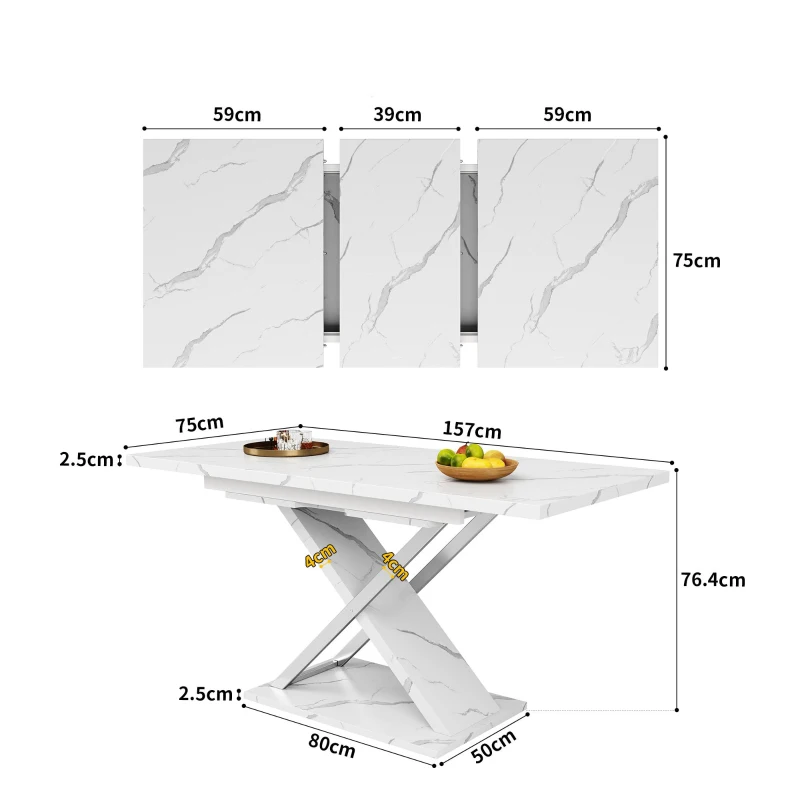 Masă extensibilă de dining, masă pentru bucătărie-living cu picioare încrucișate, 118-157L x 75P x 76,4Î cm, Alb