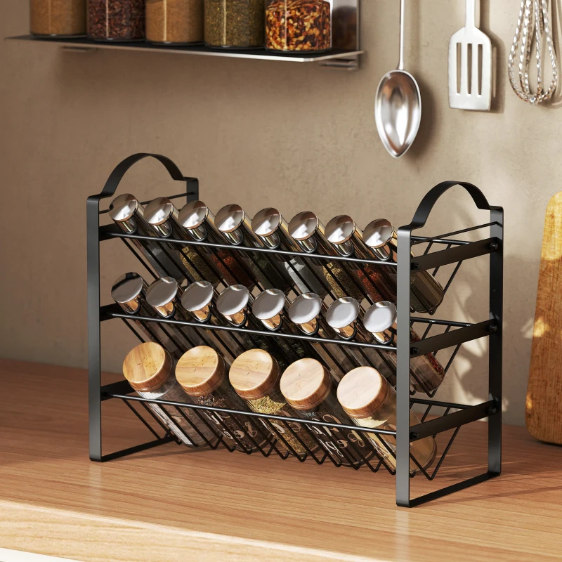 HOMCOM Suport pentru Condimente de Bucătărie cu 3 Rafturi Înclinate din Metal Negru