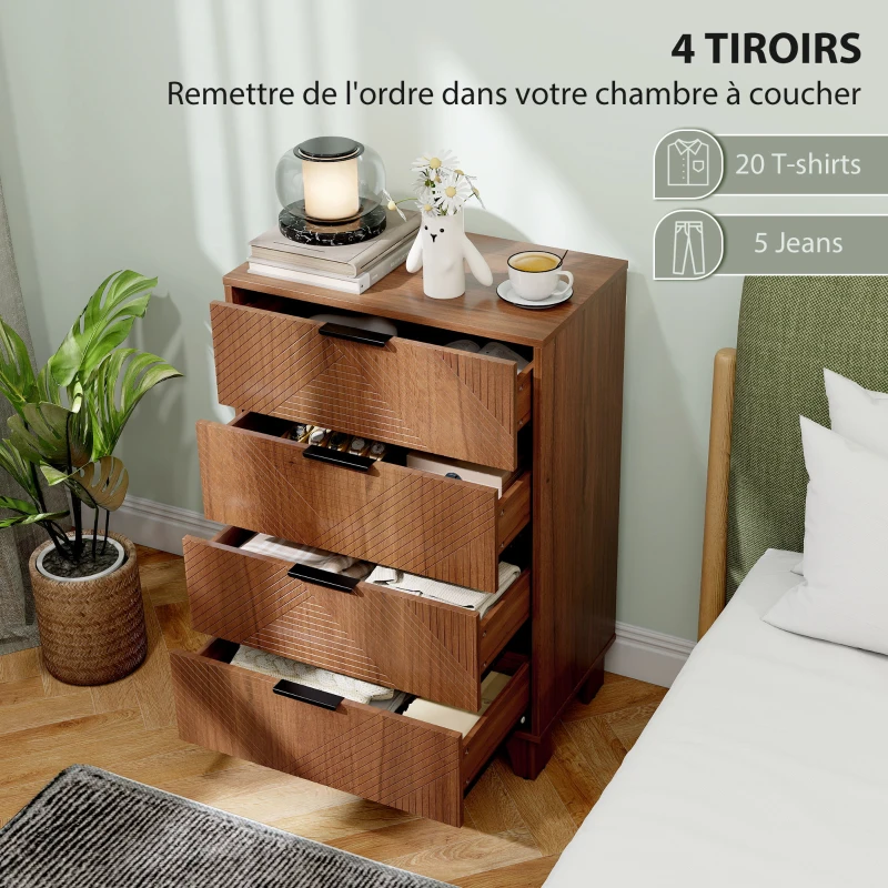 HOMCOM Commode 4 tiroirs meuble de rangement style moderne avec poignées en métal, 60 x 36 x 90 cm, effet bois marron