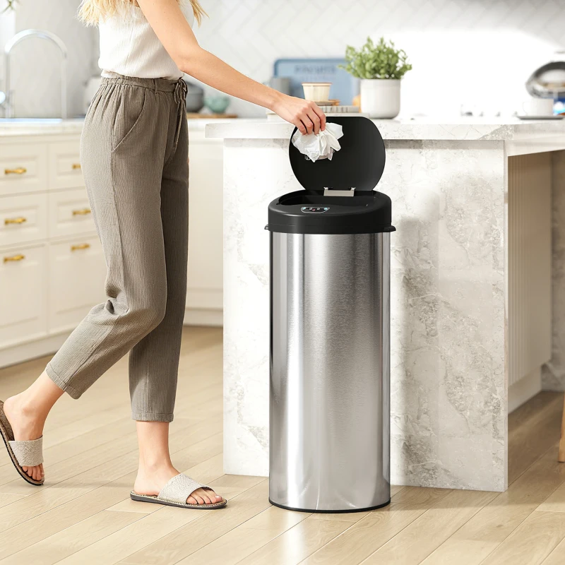 HOMCOM Cubo de Basura Cocina Automático 55 L de Acero Inoxidable con Sensor Infrarrojo Cierre Suave Antihuellas Plateado