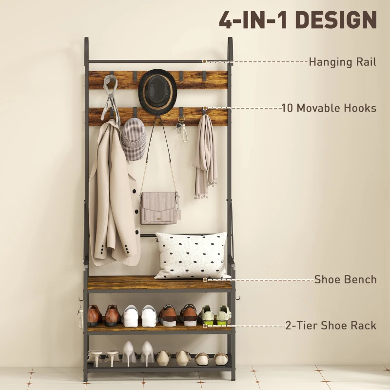 HOMCOM Suport de Haine de Intrare cu Bară, Cârlige, Bancă și Raft pentru Încălțăminte Maro și Negru