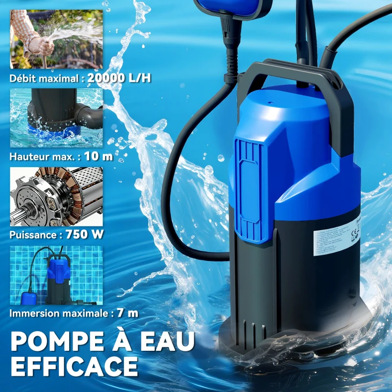 Outsunny Pompe d'évacuation eaux chargées/propres débit 20000L/H 750W profondeur max. 7m interrupteur à flotteur 17x16x36cm noir