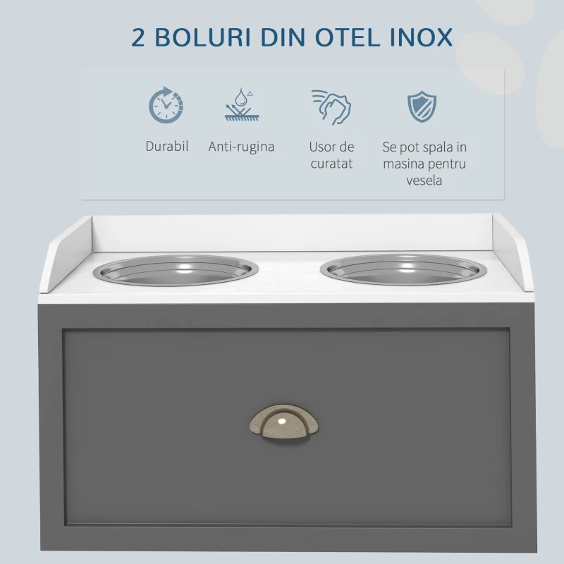 PawHut Boluri Înălțate pentru Câini din Oțel Inoxidabil și Lemn cu Sertar, 60x30x36 cm, Gri