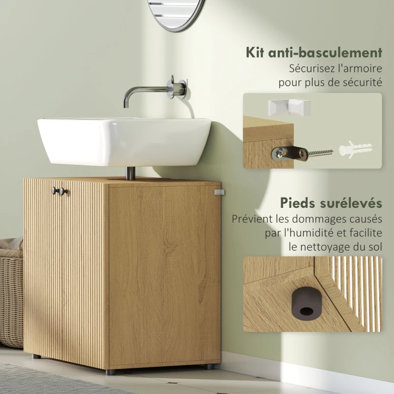 HOMCOM Meuble sous lavabo, meuble de salle de bain 2 portes à fermeture amortie, étagère réglable, 60x39,8x58,5cm, bois naturel