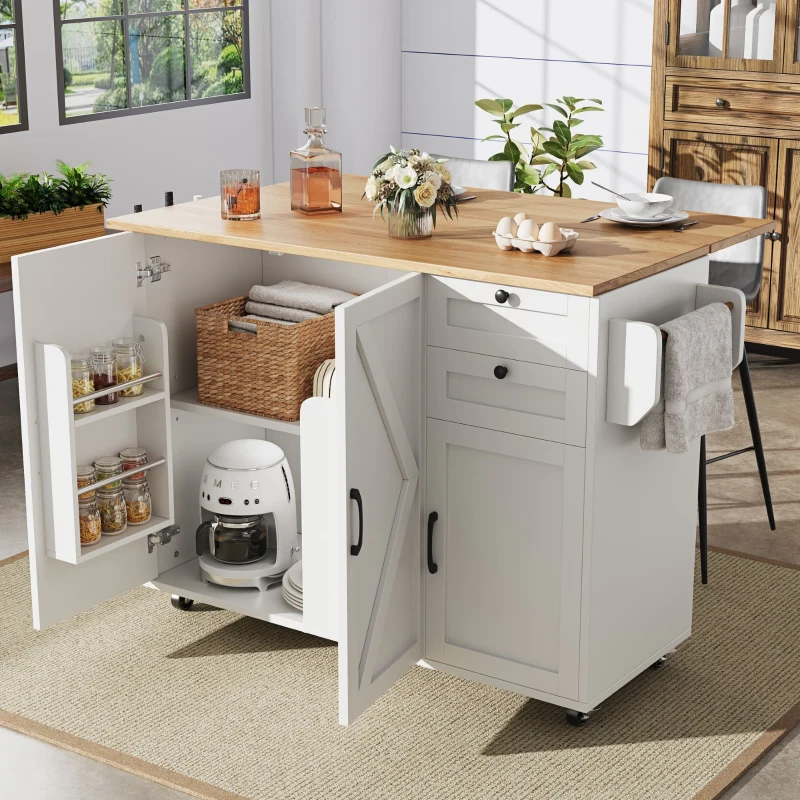 Isla de cocina moderna, con tablero ajustable y espacio de almacenamiento, 120x43,2/71,2x92 cm, Blanco