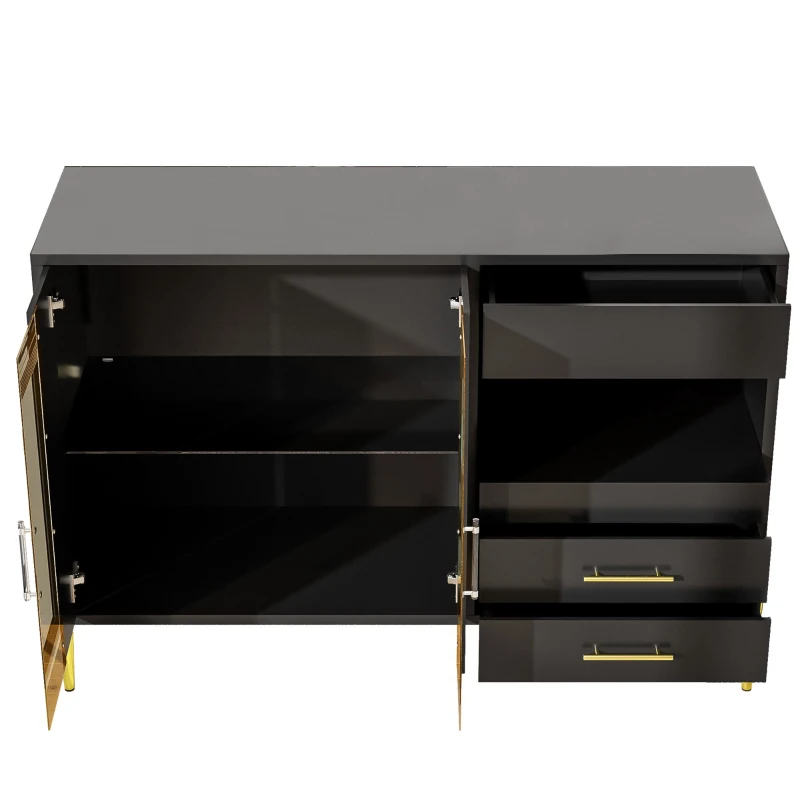 Buffet moderne avec porte en verre couleur sarcelle, cloisons réglables et pieds en fer dorés, 120x39,5x84 cm, Noir