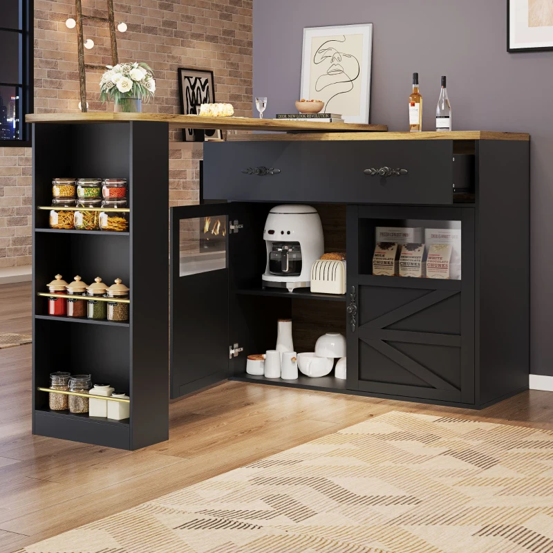 Bancone bar allungabile con vano portaoggetti e girevole a 360°, 138-204x39x104 cm, Nero