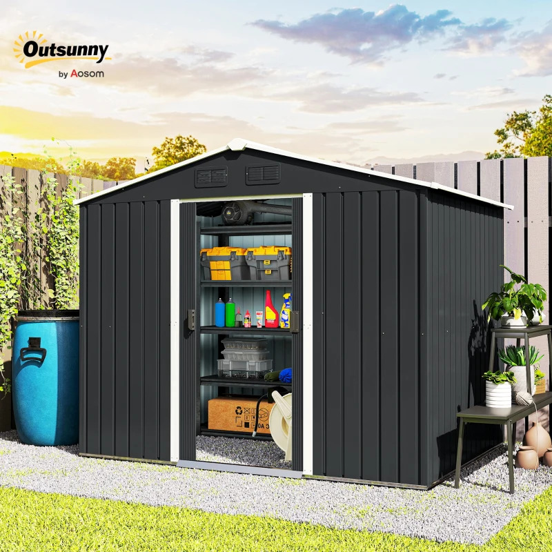 Outsunny 8 x 6ft Outdoor Garden Roofed Metal Storage Shed Tool Box with Ventilation & 2 Sliding Doors,Grey(m-9)