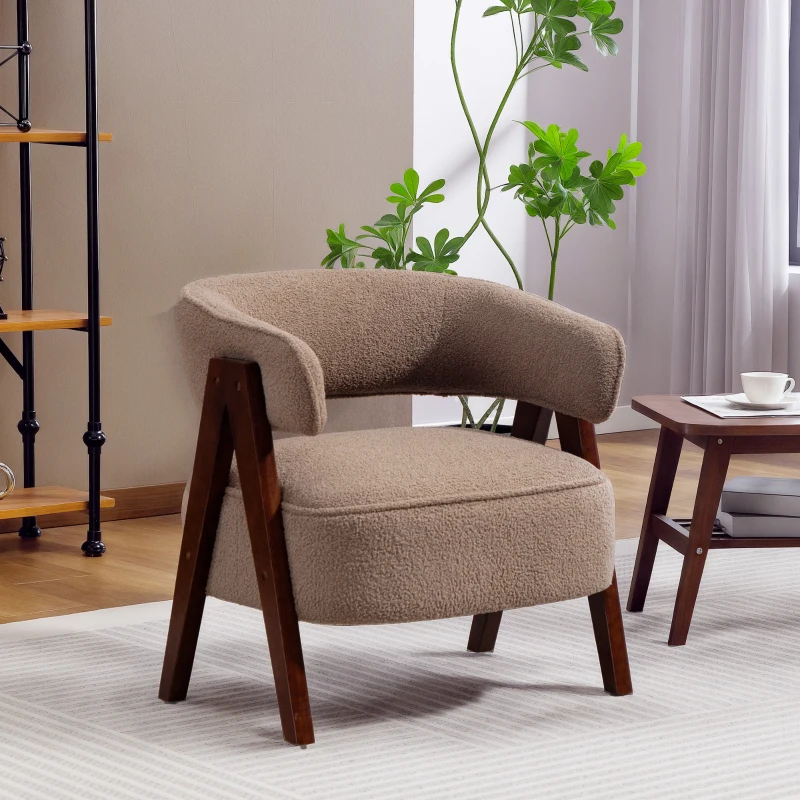 HOMCOM Poltrona de Sala de Estar Estofada em Borreguito Poltrona de Leitura  Moderna com Encosto Curvo 70x64x71 cm Marrom Claro