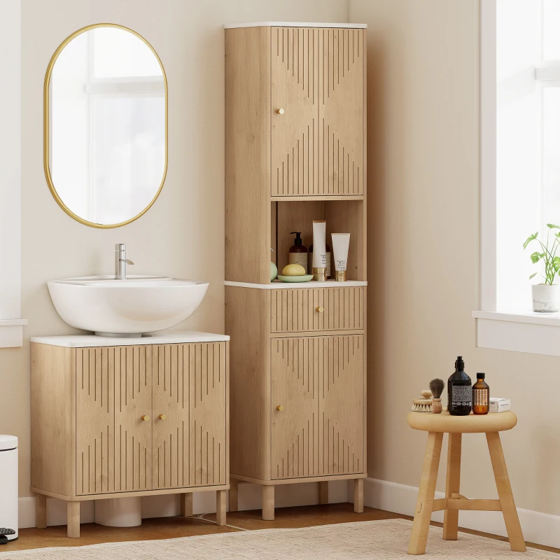 HOMCOM Armoire salle de bain haute meuble de rangement colonne avec tiroir coulissant silencieux 2 placards 41,5x30x168cm chêne
