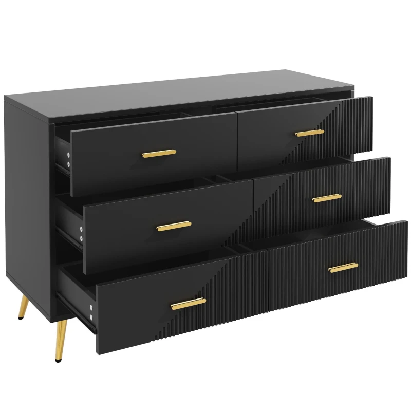 Buffet de salle à manger avec 6 tiroirs spacieux, portes d'armoire au design tridimensionnel et pieds dorés, 120x40x75 cm, Noir