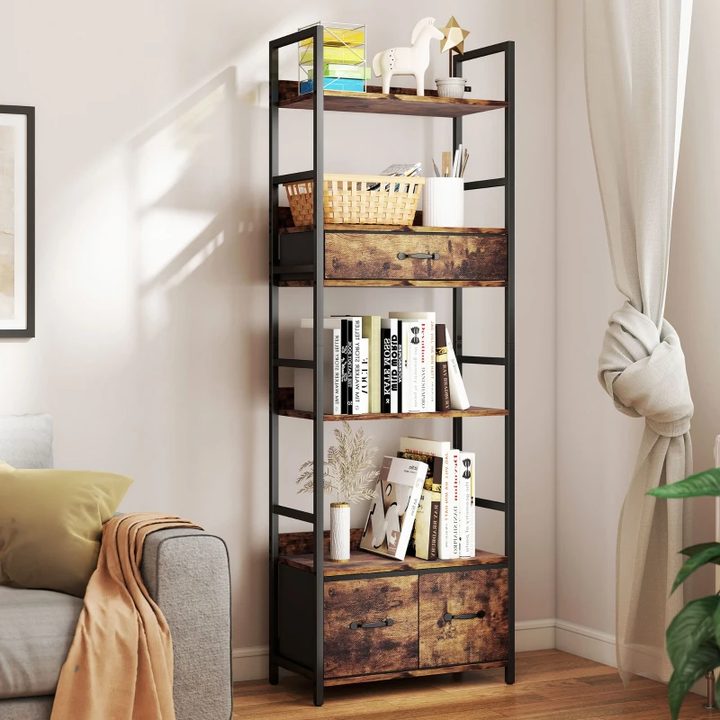 HOMCOM Bibliothèque étagère de rangement à 6 niveaux avec 4 étagères, 3 tiroirs en tissu, 60x30x176cm, brun rustique