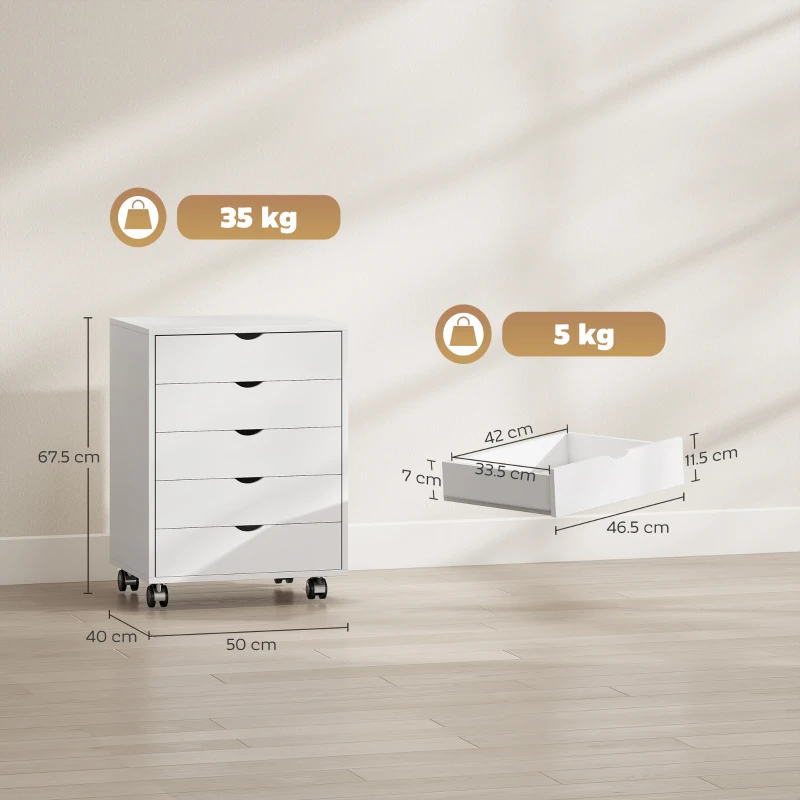 HOMCOM Dulap pentru birou cu 5 sertare pentru documente A3, pe roți și cu încuietoare, 50x40x67.5 cm, alb