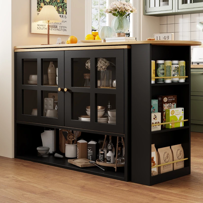 Bancone da bar girevole a 360° con ripiano per snack e 5 scaffali, 138-204x39x102,5 cm, Nero