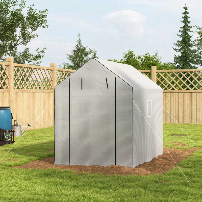 Outsunny Walk-in Greenhouse with 3 Tier 12 Shelves, Small Greenhouse with Reinforced PE Cover, Garden Plant Growhouse with Roll-up Door and Three Mesh Windows, 140 x 213 x 190 cm, White