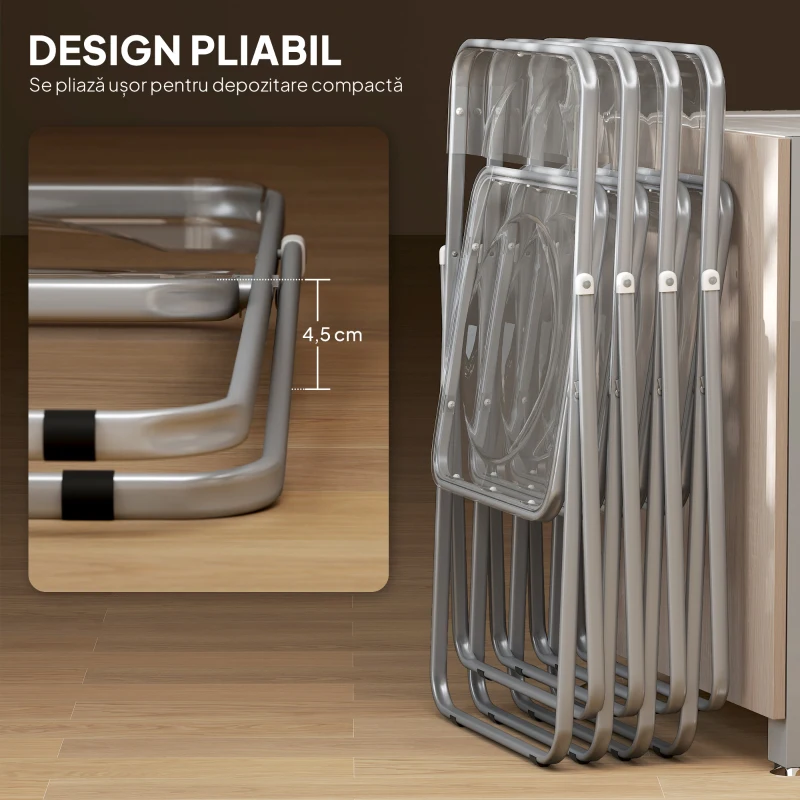 HOMCOM Set de 4 Scaune Pliabile Salvaspațiu din Oțel și Acrilic, Transparent