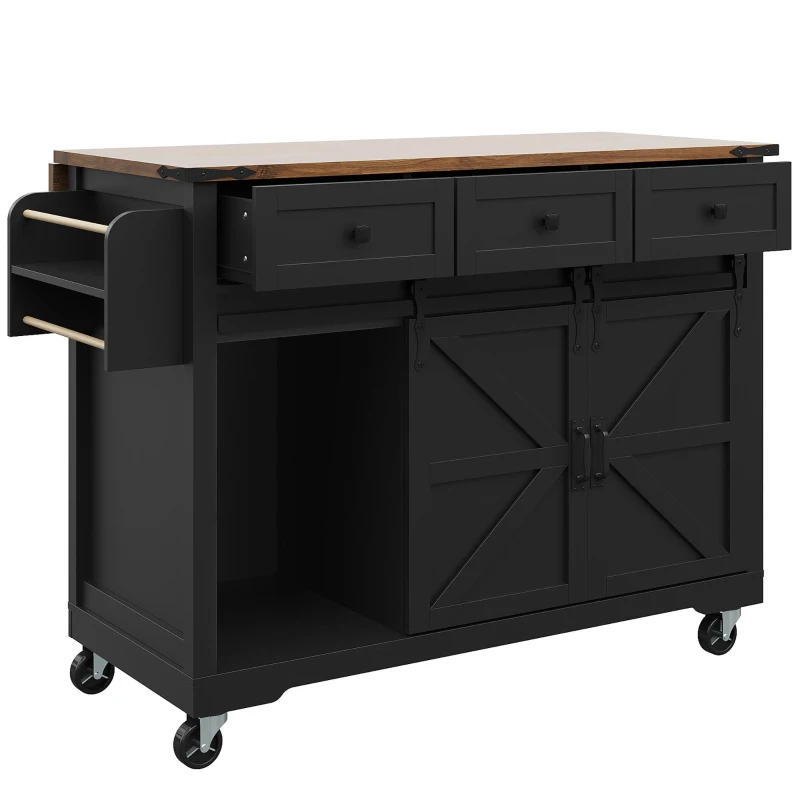 Kücheninsel mit klappbarer Tischplatte, Servierwagen auf Rollen mit 2 Schiebetüren und 3 Schubladen, 140 x 45/73 x 94 cm, Schwarz